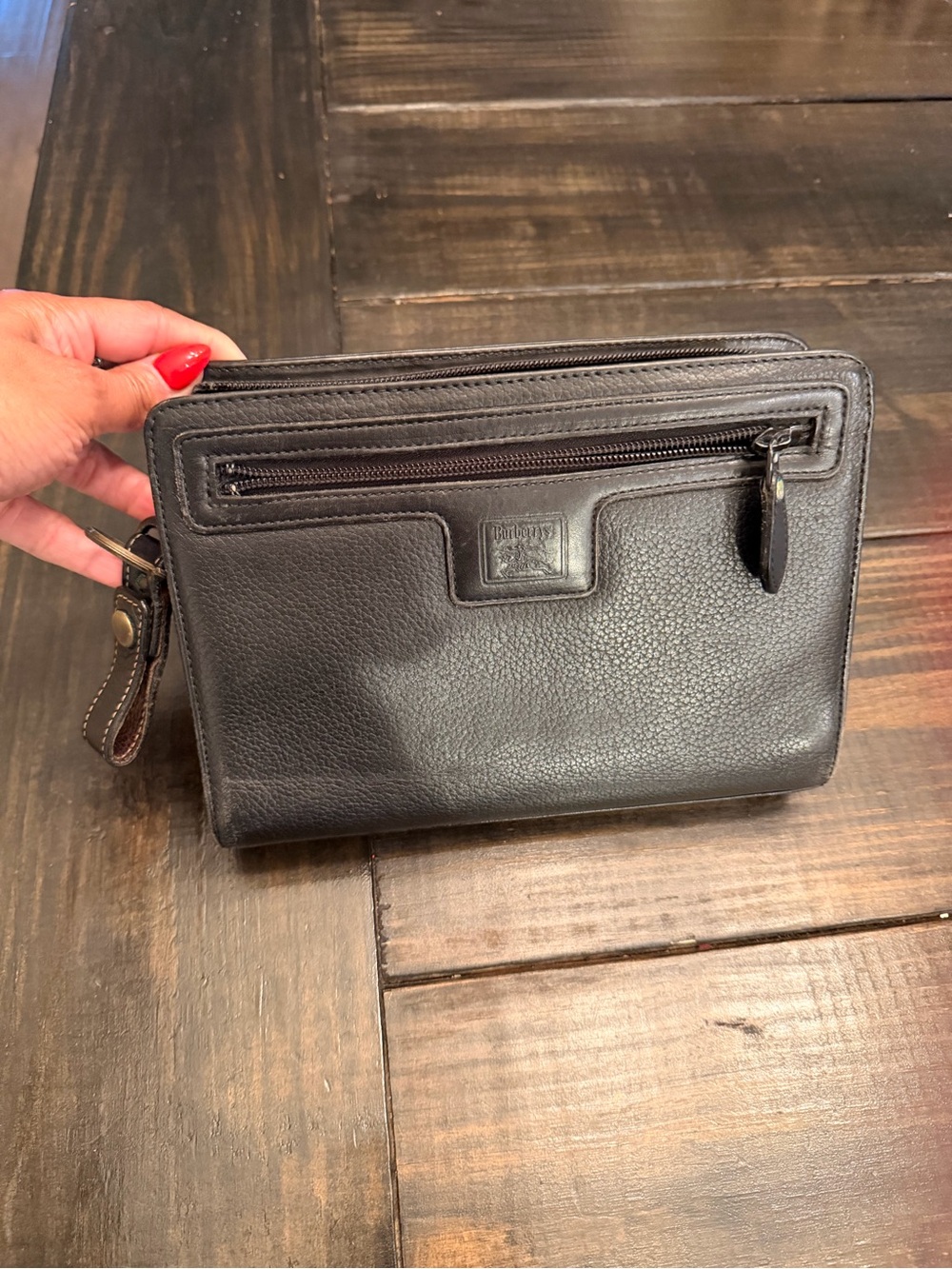 Burberry Black Pebbled Leather Men's Travel Toiletry Pouch with Wristlet